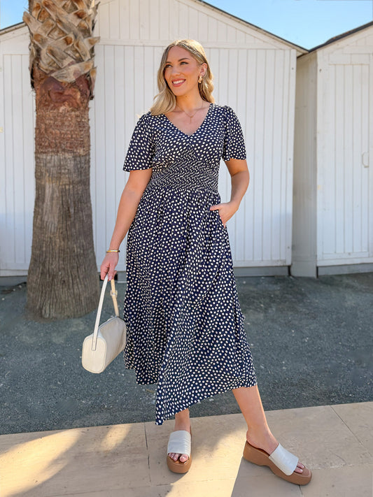 Maddie Short Sleeve Dress - Navy Polka Dot Print