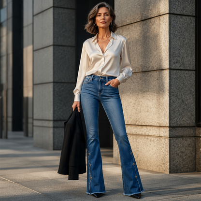 Jeans acampanados desgastados de tiro alto para mujer