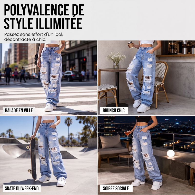 Jeans holgados rasgados para mujer, pantalones de mezclilla de tiro alto desgastados