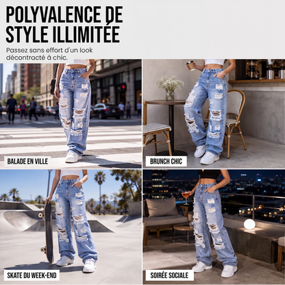 Jeans holgados rasgados para mujer, pantalones de mezclilla de tiro alto desgastados