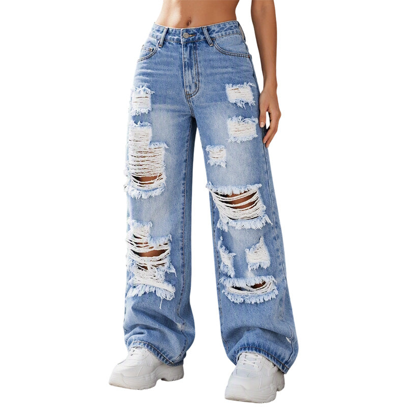Jeans holgados rasgados para mujer, pantalones de mezclilla de tiro alto desgastados
