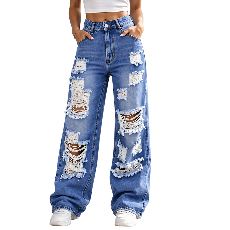 Jeans holgados rasgados para mujer, pantalones de mezclilla de tiro alto desgastados