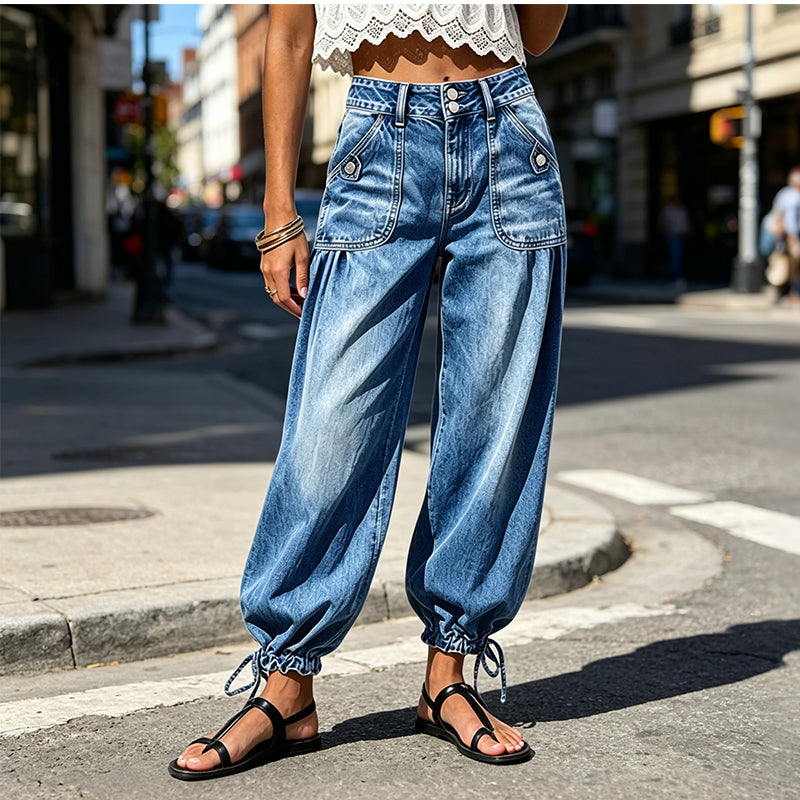 Jeans barrel elásticos de talle alto para mujer