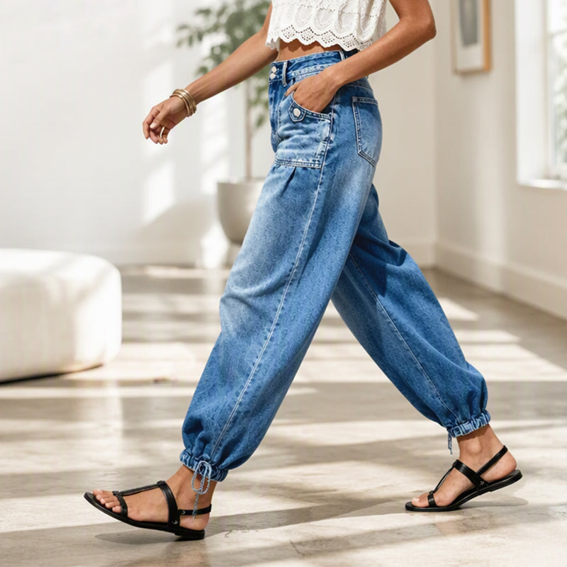 Jeans barrel elásticos de talle alto para mujer