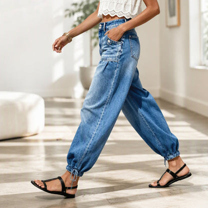 Jeans barrel elásticos de talle alto para mujer