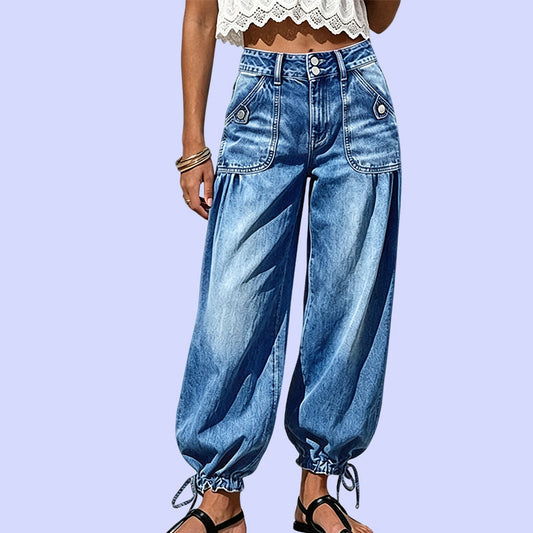 Jeans barrel elásticos de talle alto para mujer